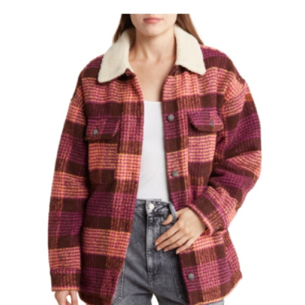Roxy Plaid Shacket Faux Shearling Large